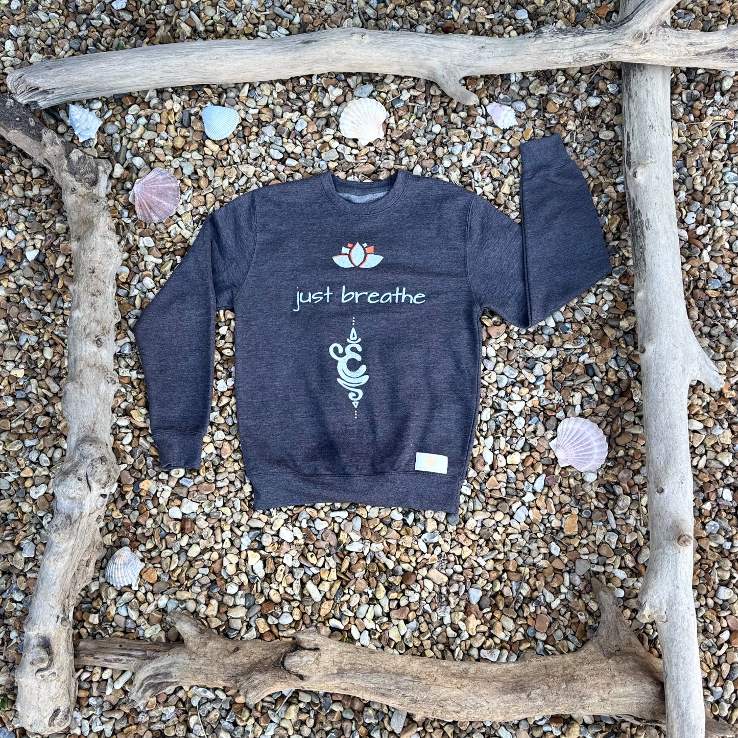 Positive Slogan Clothing | Hand Painted Clothing | Yoga Clothing | Product shot of Just Breathe Sweatshirt in Charcoal