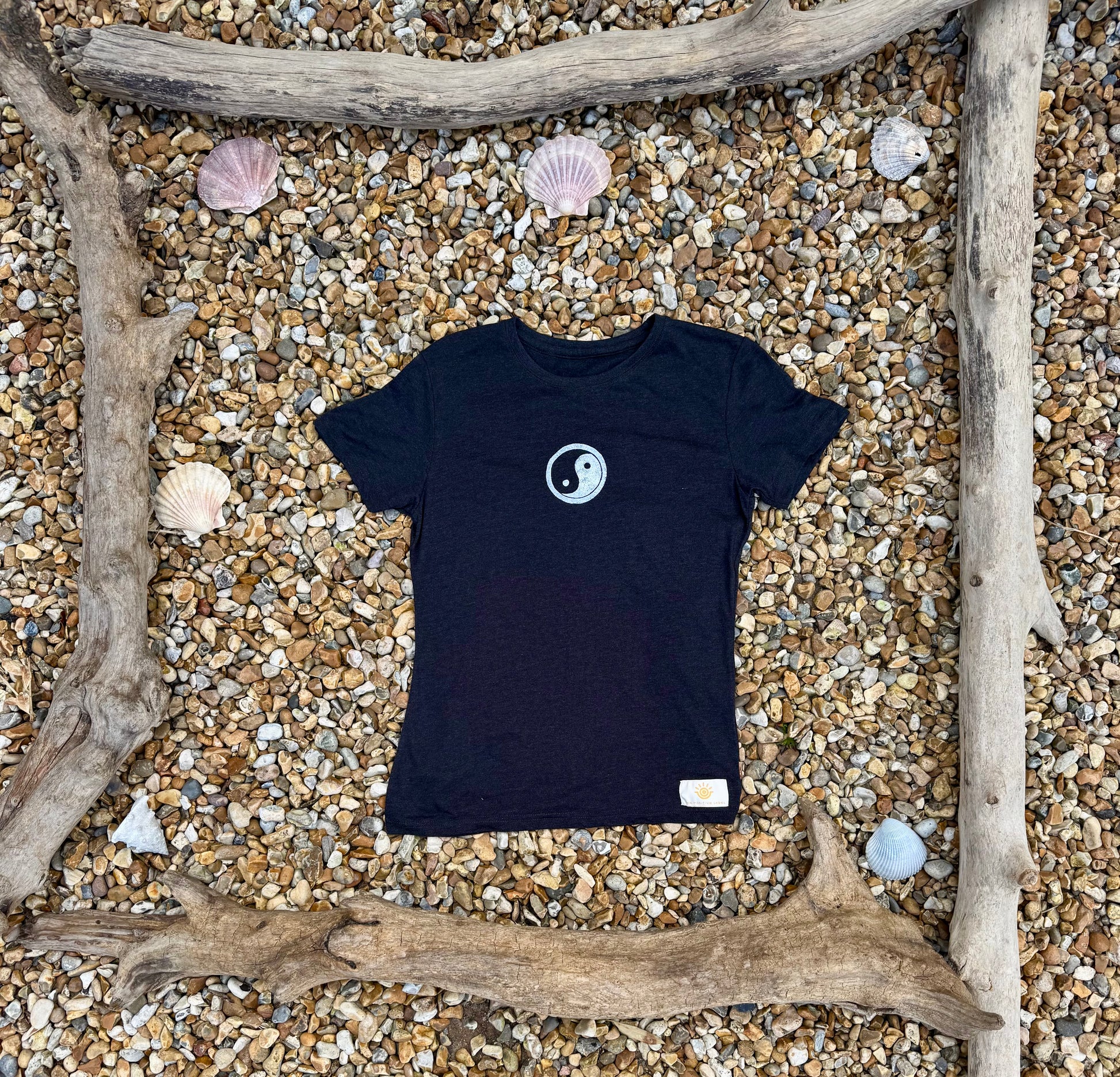 Product shot of Yin Yang Handpainted Design on Black Positive Slogan Tee