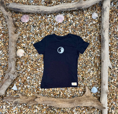 Product shot of Yin Yang Handpainted Design on Black Positive Slogan Tee