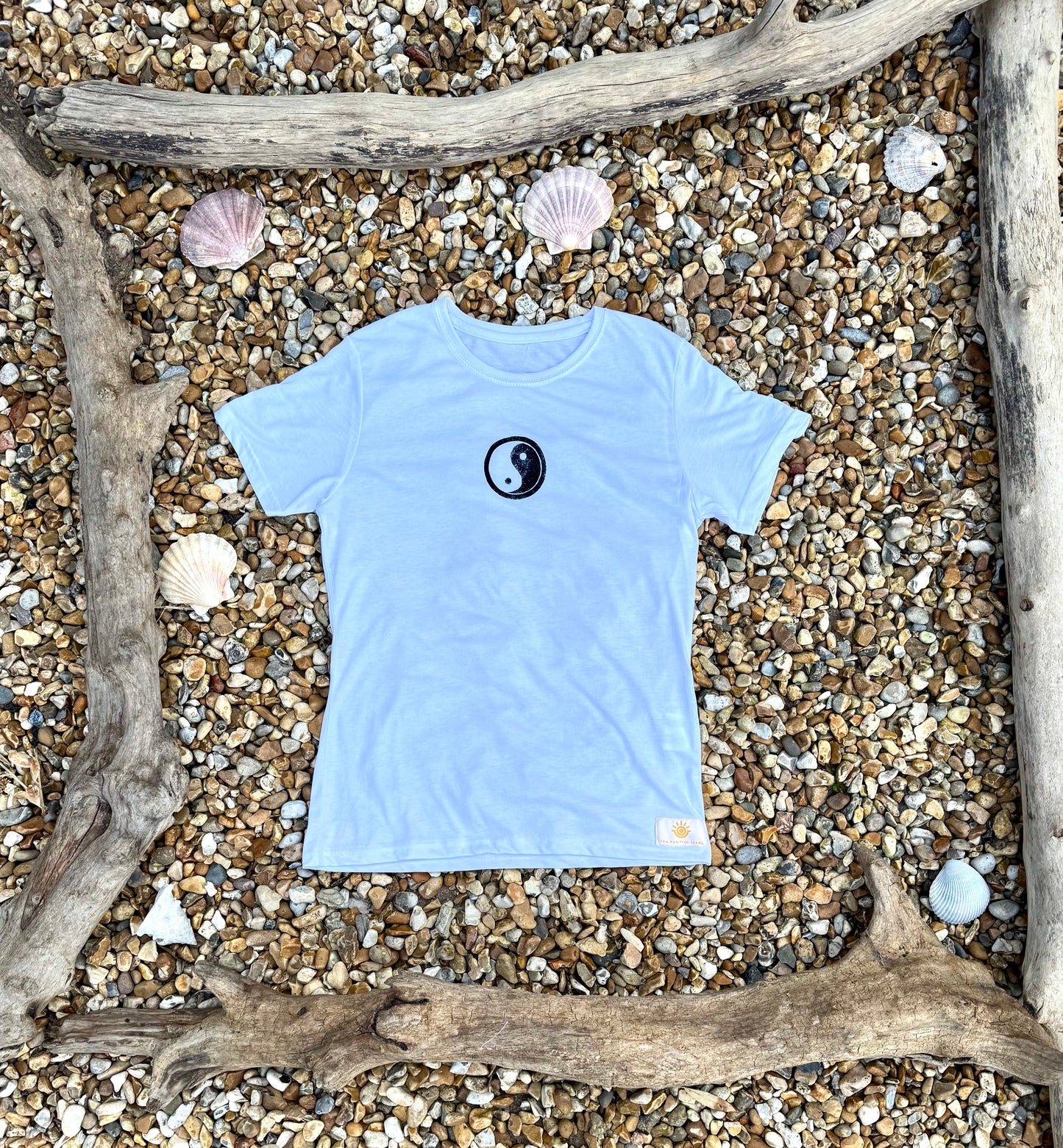 Product shot of Yin Yang Handpainted Design on White Positive Slogan Tee