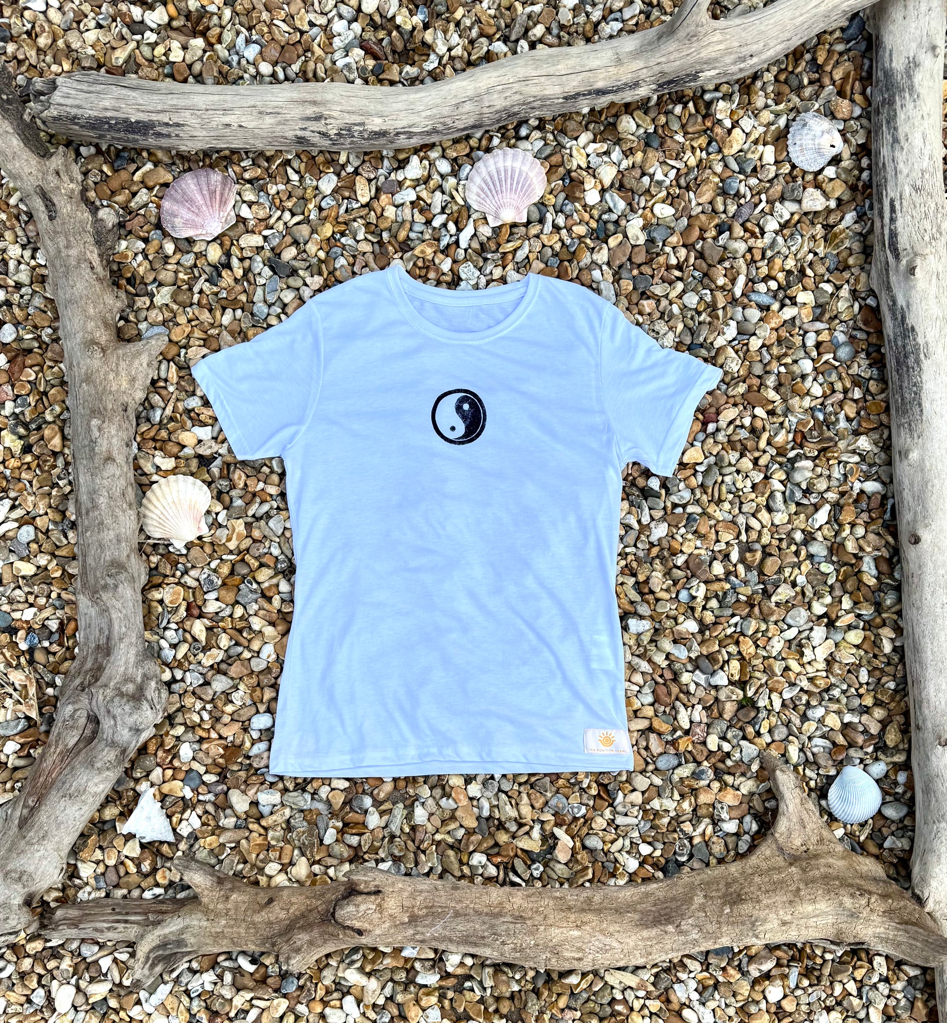 Product shot of Yin Yang Handpainted Design on White Positive Slogan Tee