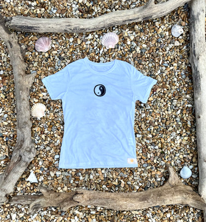 Product shot of Yin Yang Handpainted Design on White Positive Slogan Tee