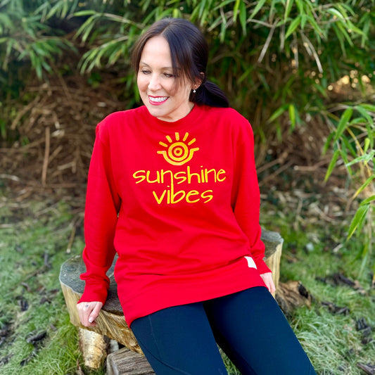 Model wearing Sunshine Vibes Sweatshirt - Positive Slogan Sweatshirts - Hand Painted Clothing